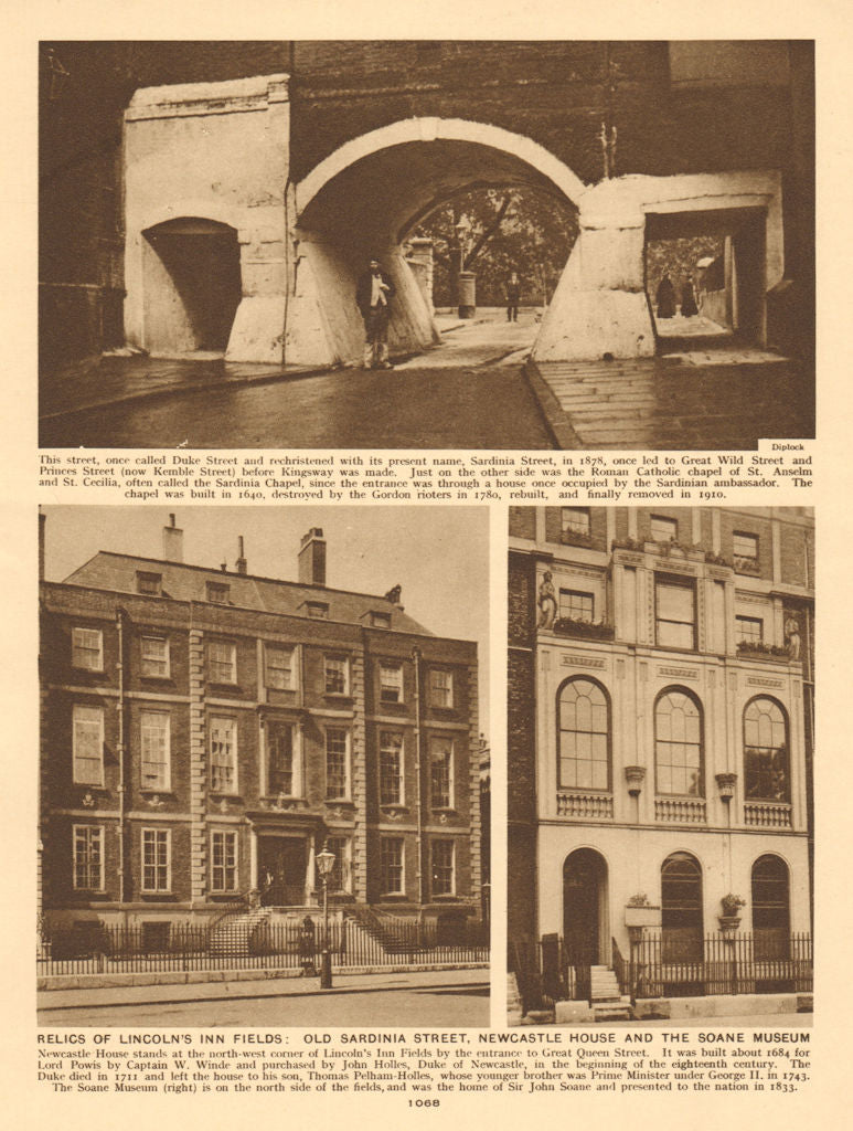 Lincoln's Inn Fields. Sardinia Street Newcastle House Soane Museum 1926 print